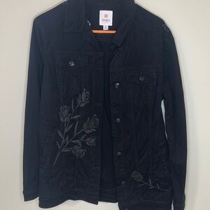 LuLaRoe Black Jean Jacket with Rose Embroidery